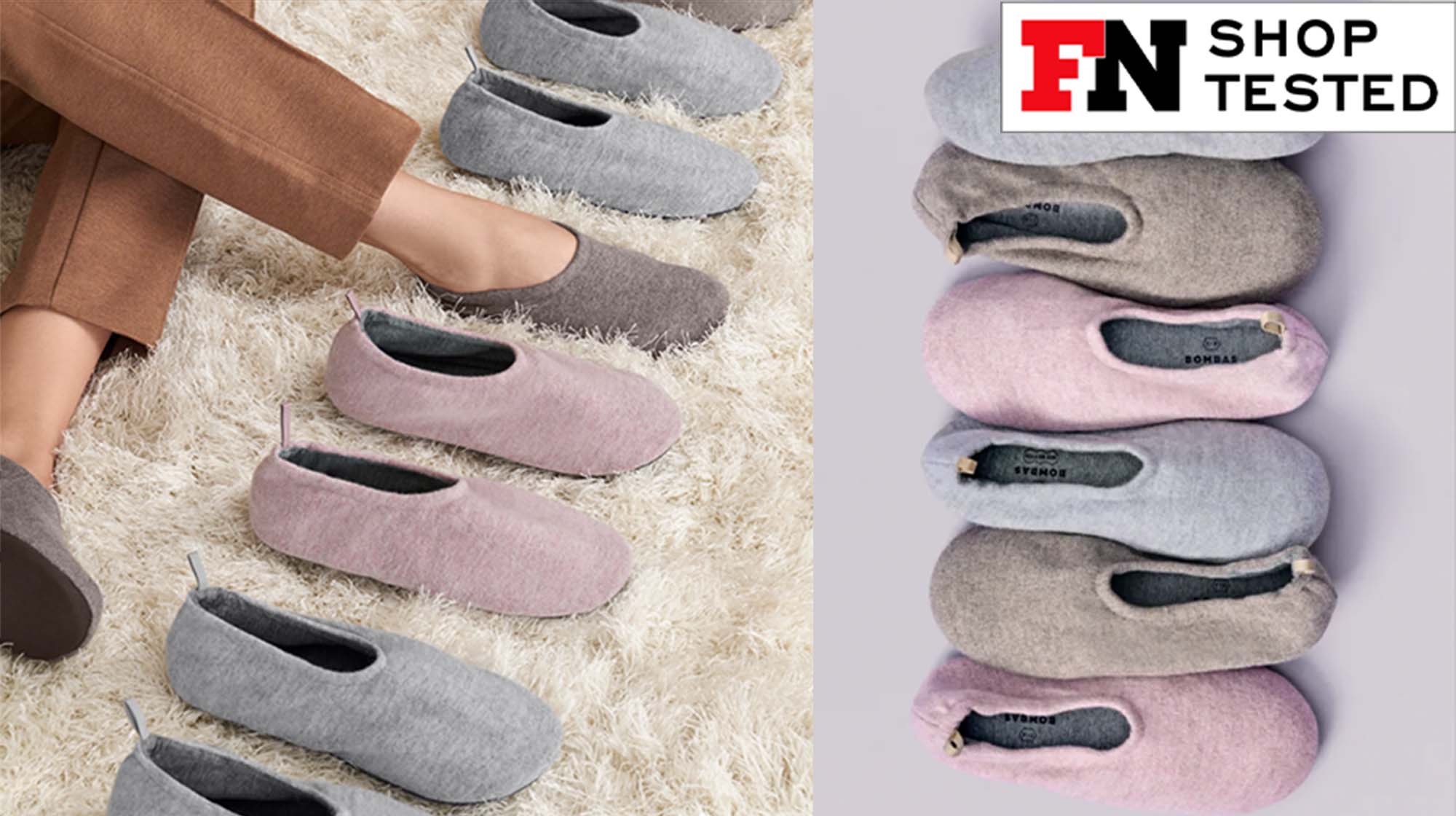 woman sitting on a fuzzy carpet wearing one slipper from a selection of slippers in various colorways; various slippers over a purple background