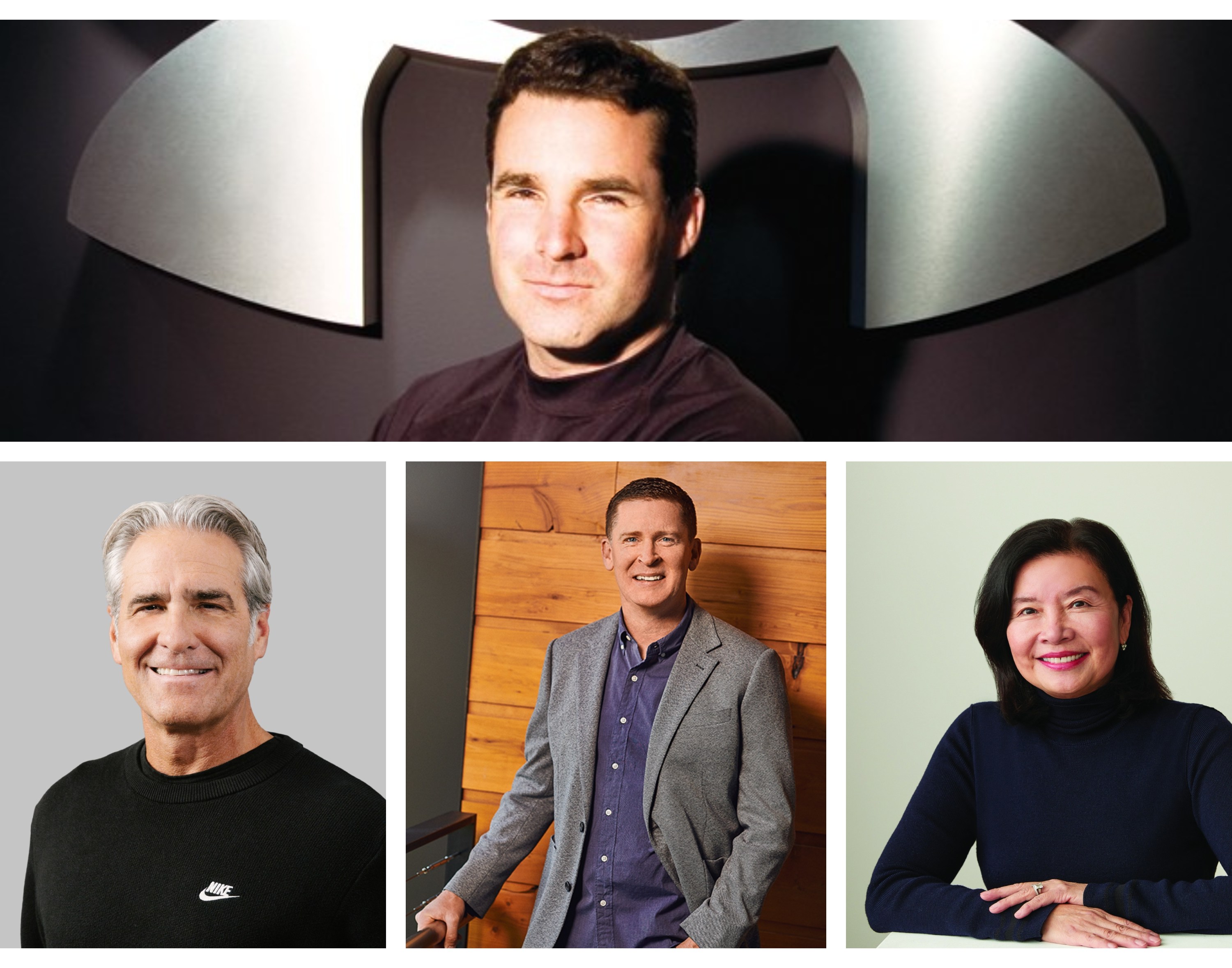 Under Armour CEO Kevin Plank (top), Nike CEO Elliott Hill (bottom left), Brooks CEO Dan Sheridan (bottom center), Rothy's CEO Jenny Ming (bottom right)